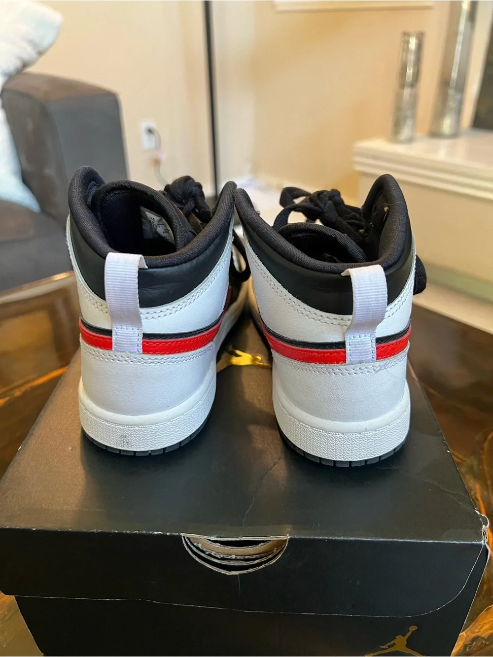 Jordan Kids Black, White & Red High-Top Sneakers - Picture 3 of 6